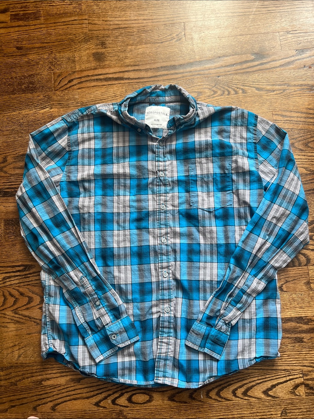 Aeropostale Teal and Gray Plaid Button-Down Shirt - Men's